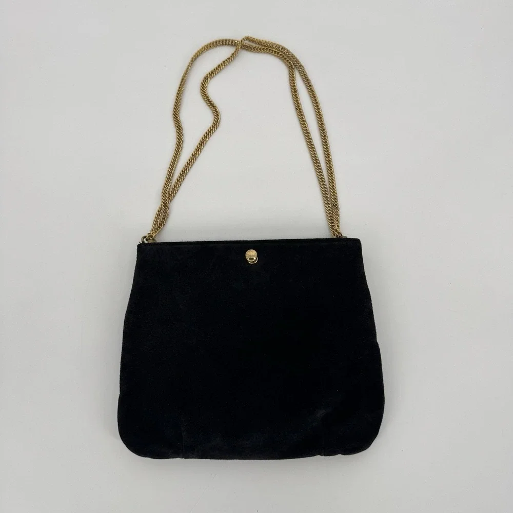 Vintage Ruth Saltz Handbag Purse Suede‎ Snake Print Trim Black Cougar Chain